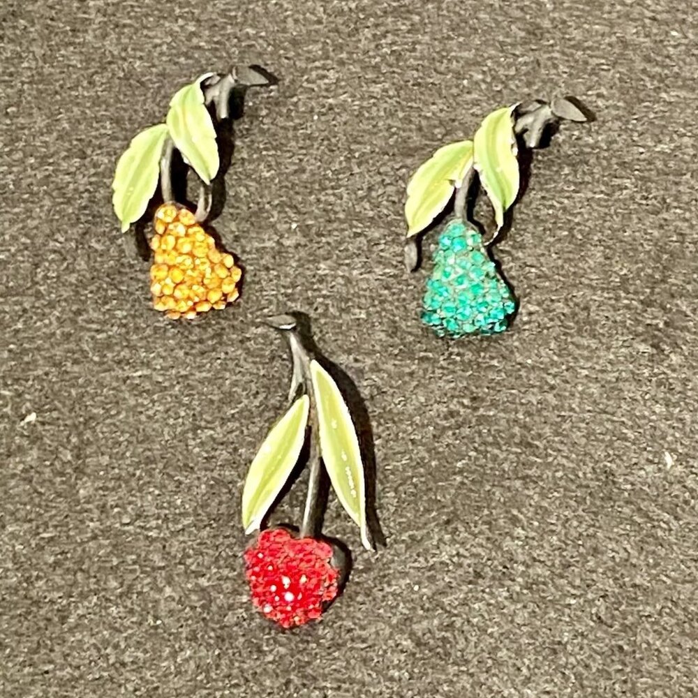 Vintage -JJ Jonette - Rare Rhinestone Set 3 ~ Fruit Brooch Pin ~ 1 1/2”
